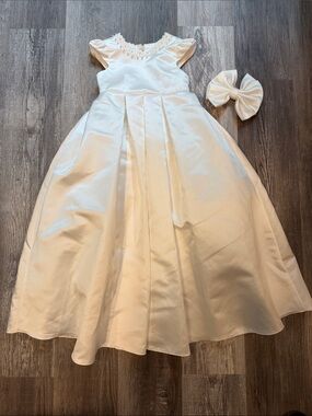Girls White Satin Flower Girl Dress with Bow and beaded bodice